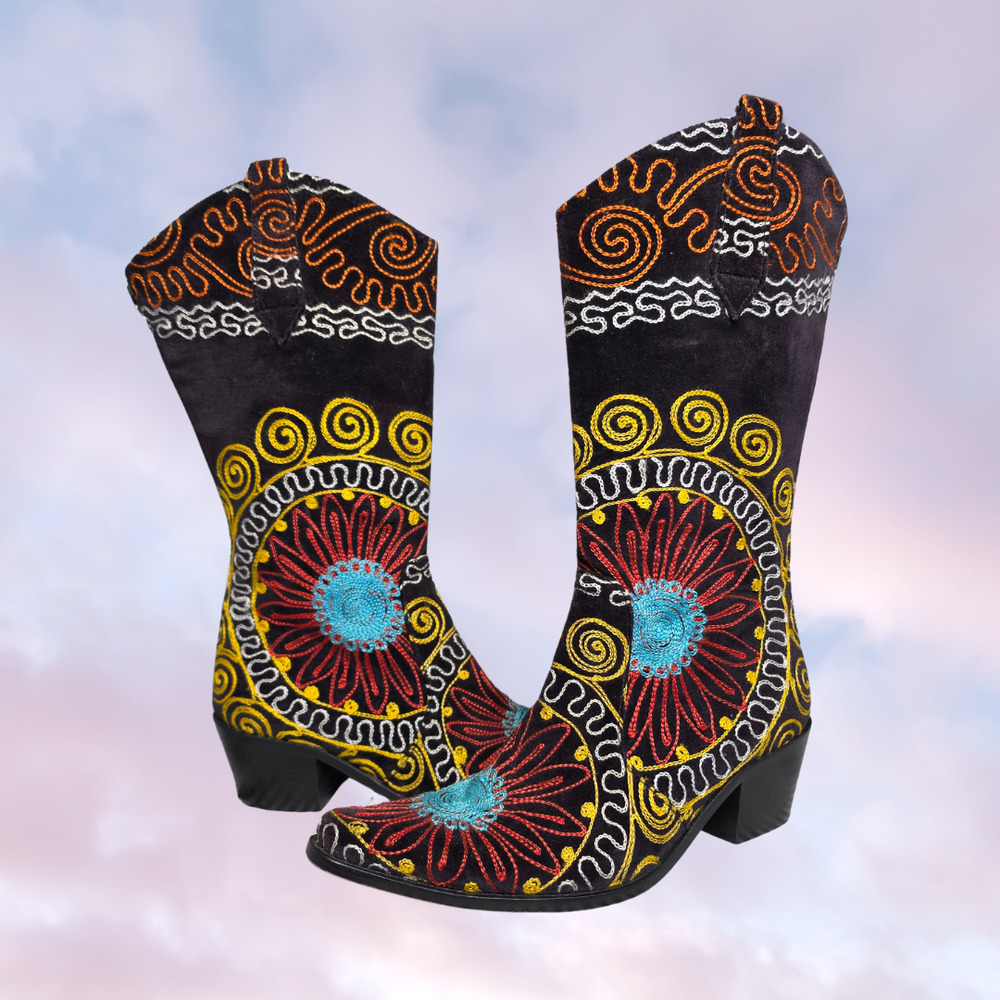 Velvet Road Black Colorful Pink Blue Yellow Floral Embroidered Western Boho Boot